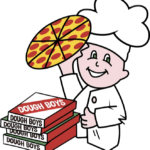 A cartoon of a chef holding a pizza